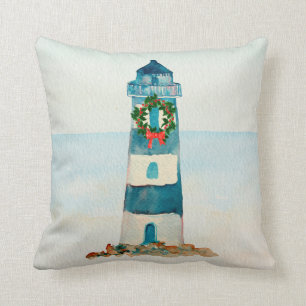 Nautical Lighthouse Watercolor Christmas pillow