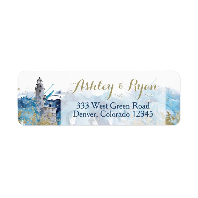 Nautical Lighthouse Waves Wedding Address Labels (Front)