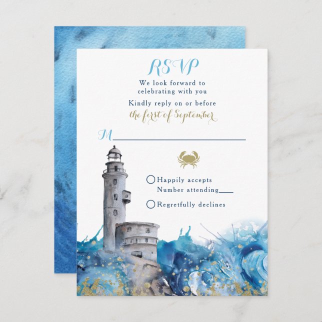 Nautical Lighthouse Waves Wedding RSVP Card (Front/Back)