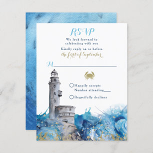 Nautical Lighthouse Waves Wedding RSVP Card
