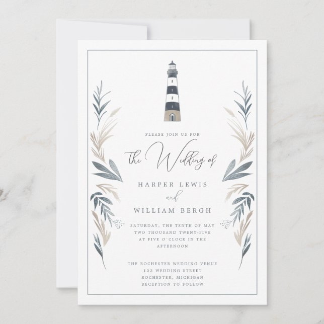 Nautical lighthouse wedding invitation (Front)