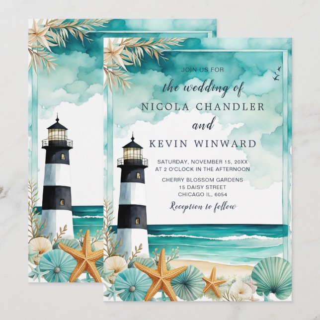Nautical Lighthouse Wedding Invitation (Front/Back)