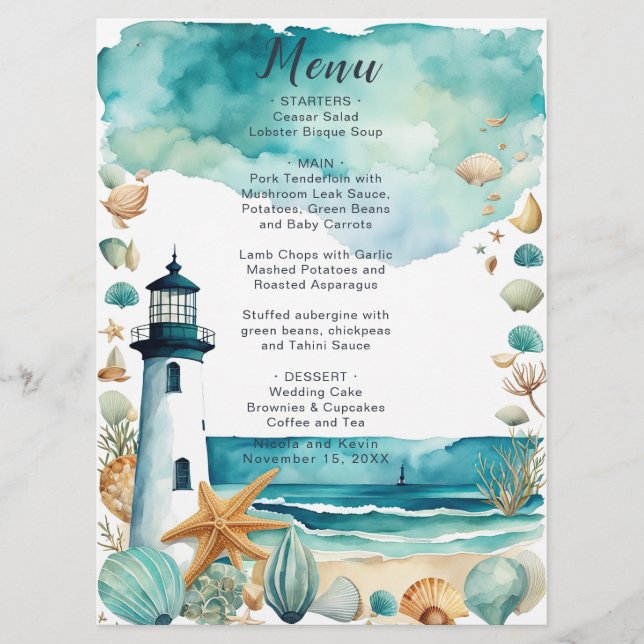 Nautical Lighthouse Wedding  Menu (Front)