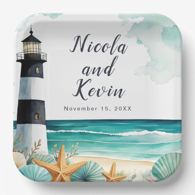 Nautical Lighthouse Wedding  Paper Plate (Front)