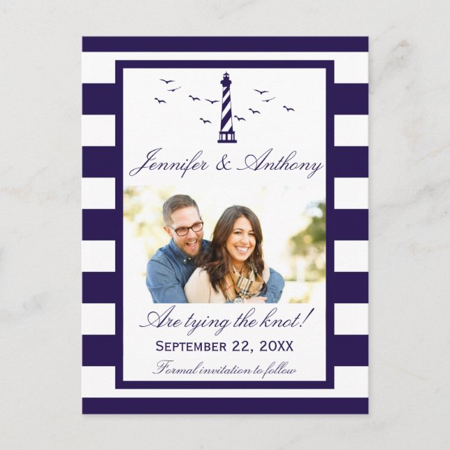Nautical Lighthouse Wedding Photo Save The Date Announcement Postcard (Front)
