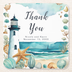 Nautical Lighthouse Wedding  Square Paper Coaster
