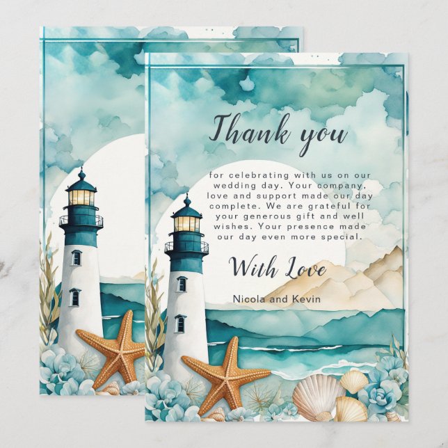 Nautical Lighthouse Wedding Thank You Card (Front/Back)