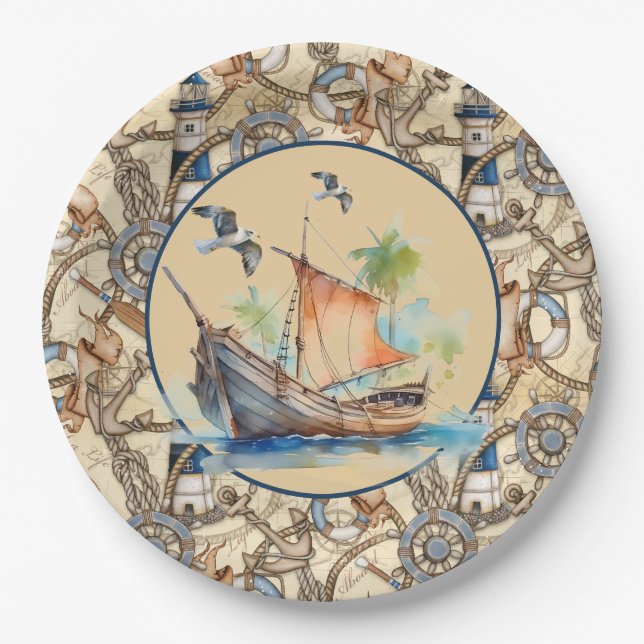 Nautical Lighthouse With Boat Paper Plate (Front)
