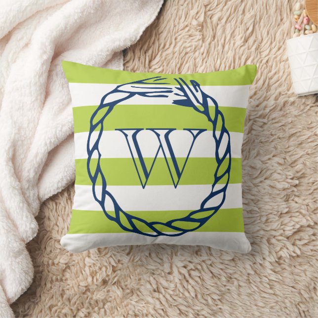 Nautical lime green stripe navy blue rope monogram cushion (Blanket)