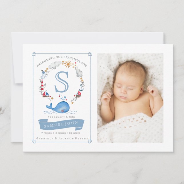 Nautical Little Cute Whale | Birth Announcement (Front)