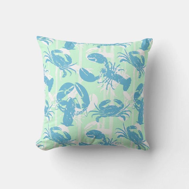 Nautical Lobster and Crab Striped Pattern Cushion (Front)
