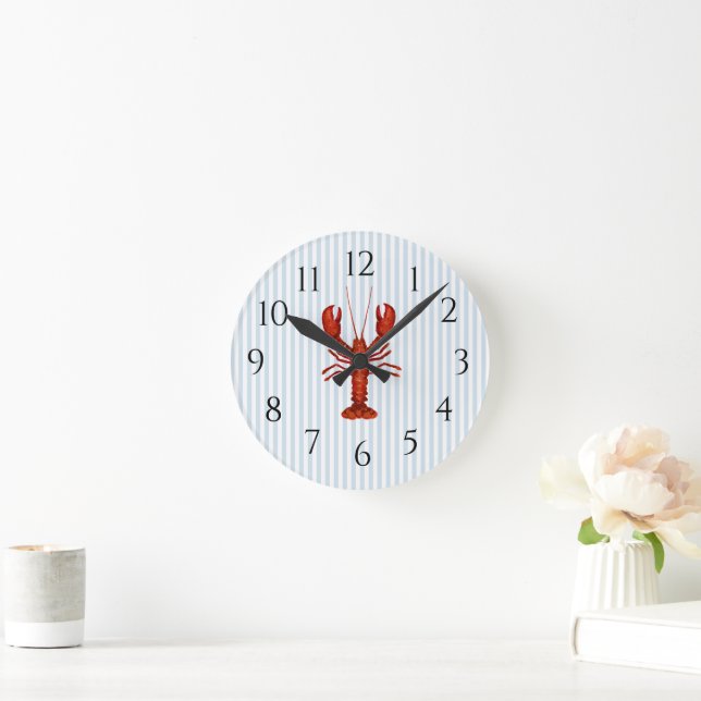 Nautical Lobster Blue Stripe Rustic Decor Round Clock (Home)