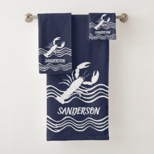 Nautical Lobster Navy Blue white Bath Monogram Bath Towel Set