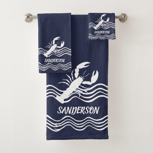 Nautical Lobster Navy Blue white Bath Monogram Towel Set (Insitu)