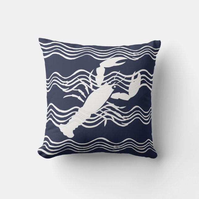 Nautical Lobster Navy Blue White Wave Stripes Cushion (Front)