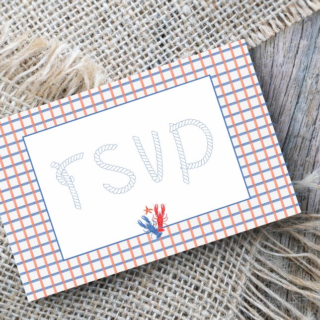 Nautical Lobster Red, Blue Wedding RSVP Postcard (Creator Uploaded)