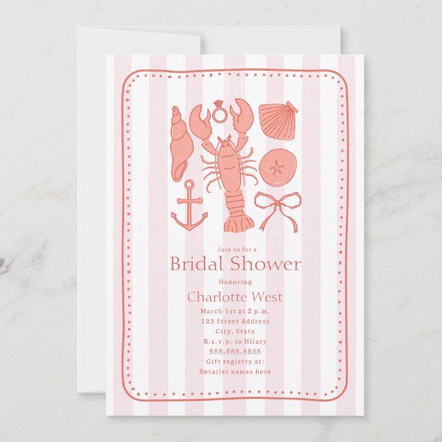 Nautical Lobster Shells Pink Bow Bridal Shower Invitation (Front)