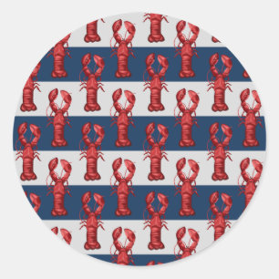 Nautical Lobsters on Navy Blue and Grey Stripes Classic Round Sticker
