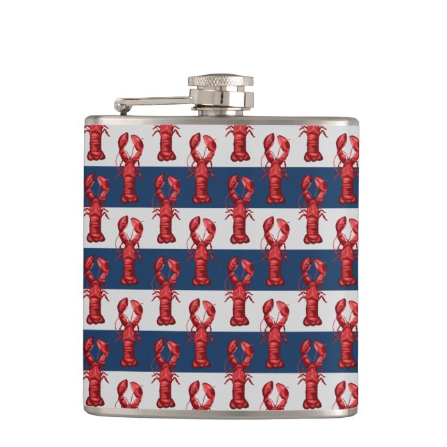Nautical Lobsters on Navy Blue and Grey Stripes Hip Flask (Front)