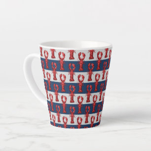 Nautical Lobsters on Navy Blue and Grey Stripes Latte Mug
