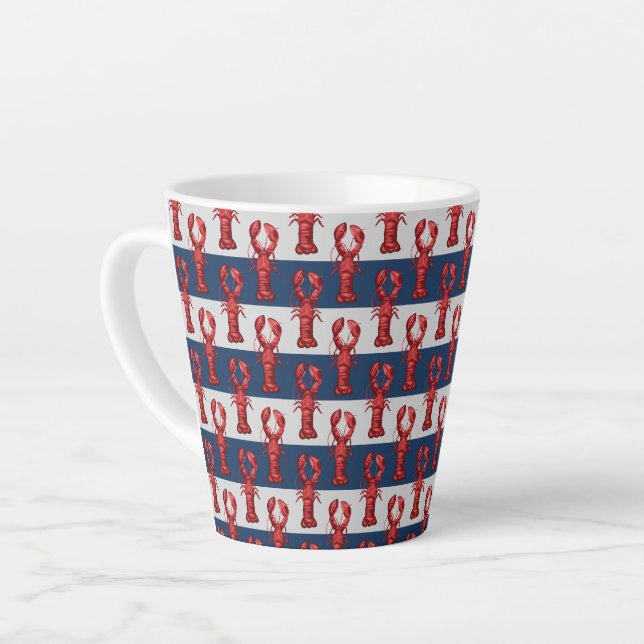 Nautical Lobsters on Navy Blue and Grey Stripes Latte Mug (Left Angle)