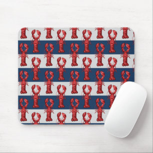 Nautical Lobsters on Navy Blue and Grey Stripes Mouse Mat