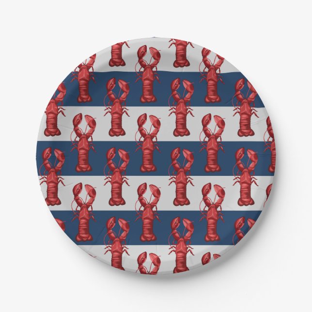 Nautical Lobsters on Navy Blue and Grey Stripes Paper Plate (Front)