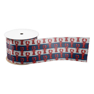 Nautical Lobsters on Navy Blue and Grey Stripes Satin Ribbon