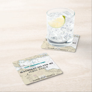 Nautical Logo Latitude Longitude Mackinac Island Square Paper Coaster