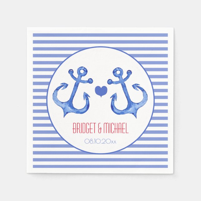 Nautical Love Anchors - Navy Striped Paper Napkins (Front)