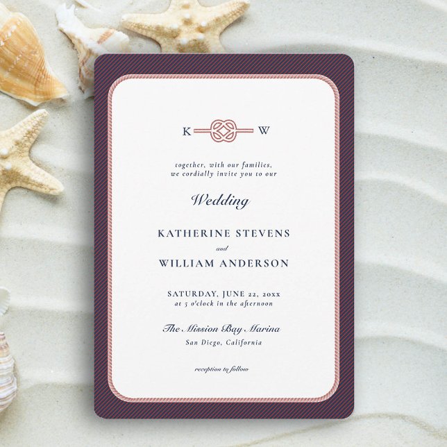 Nautical Love Knot Elegant Burgundy Navy Wedding Invitation (simple beach wedding invitation nautical rope infinity knot navy burgundy modern classic traditional)
