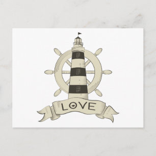 Nautical Love Tan Lighthouse & Ship Anchor Postcard