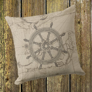 Nautical map with ship's wheel cushion