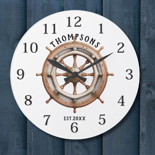 Nautical Marine Boat Wheel Design Monogram Large Clock
