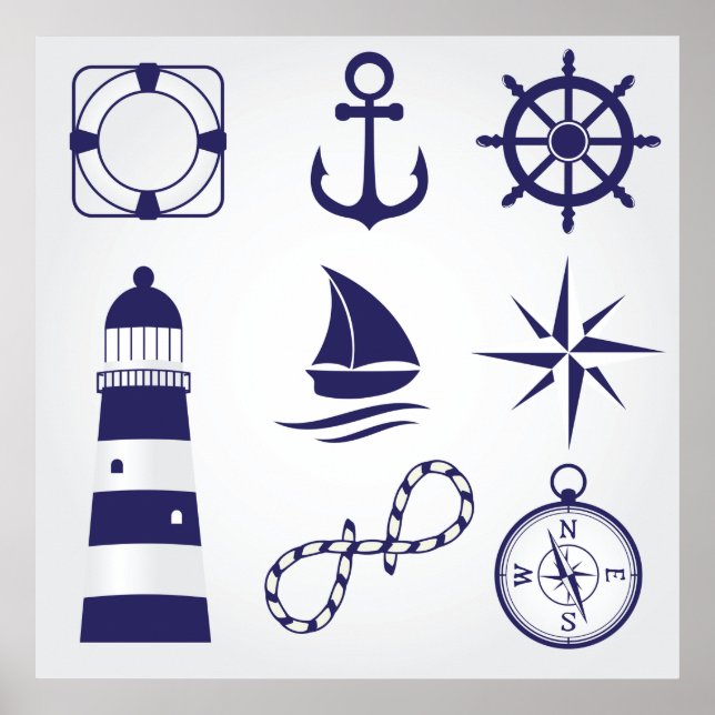 Nautical Marine Elements Navy Blue Coastal Icons Poster (Front)