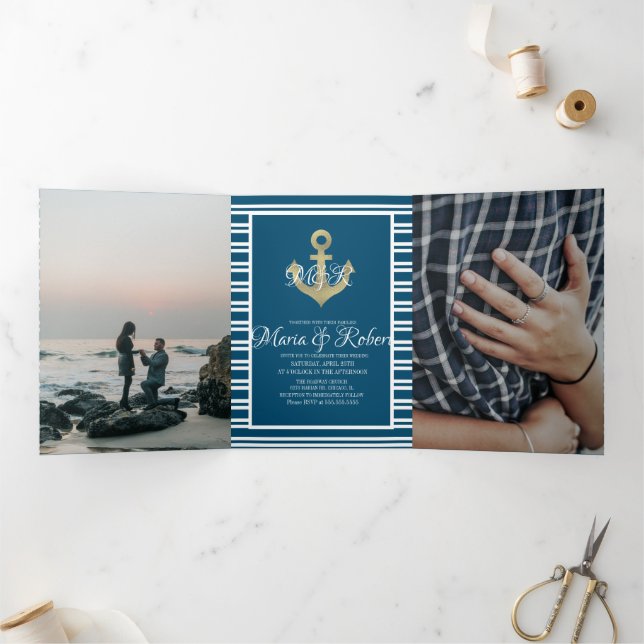 Nautical Marine Foil Anchor Stripes Tri-Fold Invitation (Inside)