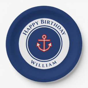 Nautical Marine Navy Blue Red White Birthday Party Paper Plate