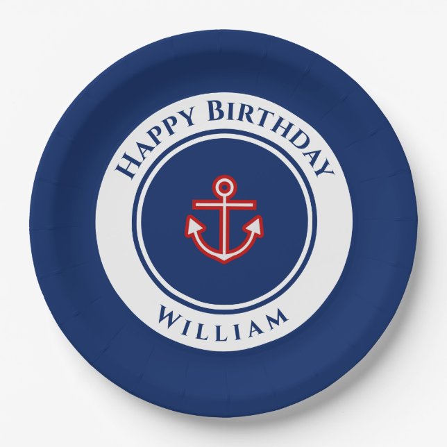 Nautical Marine Navy Blue Red White Birthday Party Paper Plate (Front)