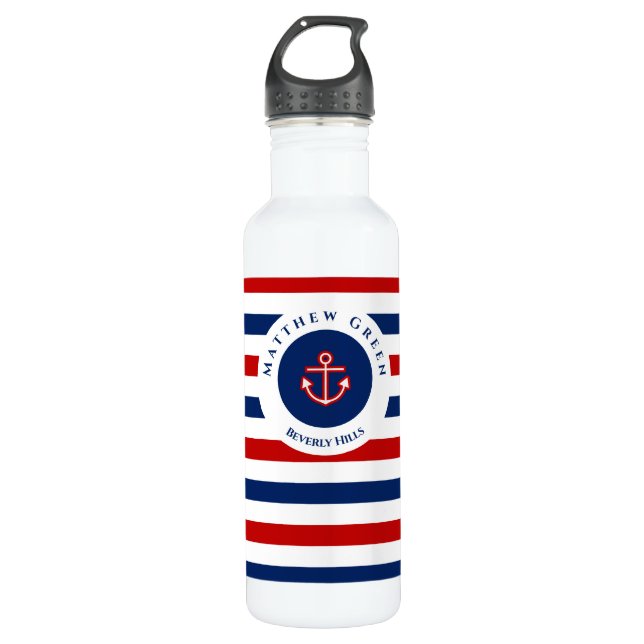 Nautical Marine Navy Blue Red White Stripes Anchor 710 Ml Water Bottle (Front)