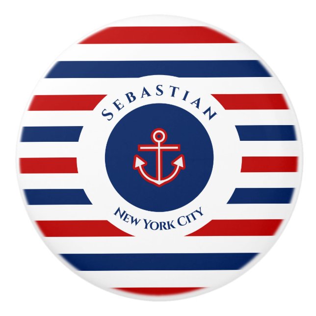 Nautical Marine Navy Blue Red White Stripes Anchor Ceramic Knob (Front)