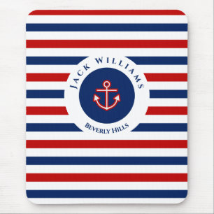 Nautical Marine Navy Blue Red White Stripes Anchor Mouse Mat