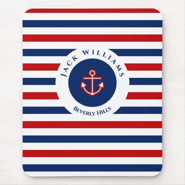 Nautical Marine Navy Blue Red White Stripes Anchor Mouse Mat (Front)