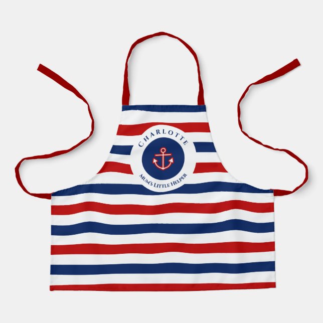 Nautical Marine Navy Blue Red White Stripes Apron (Front)
