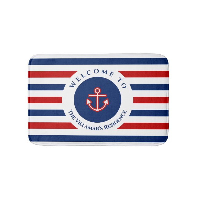 Nautical Marine Navy Blue Red White Stripes Bath Mat (Front)