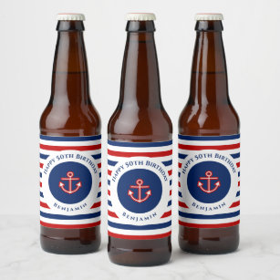 Nautical Marine Navy Blue Red White Stripes Beer Bottle Label