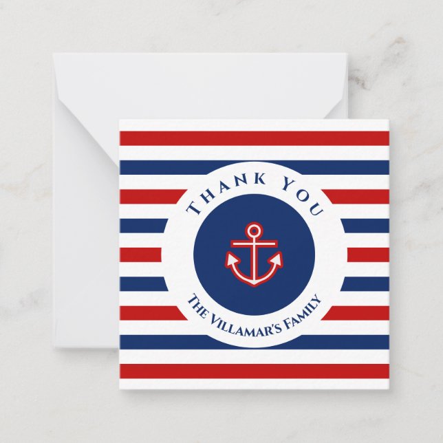 Nautical Marine Navy Blue Red White Stripes Card (Front)