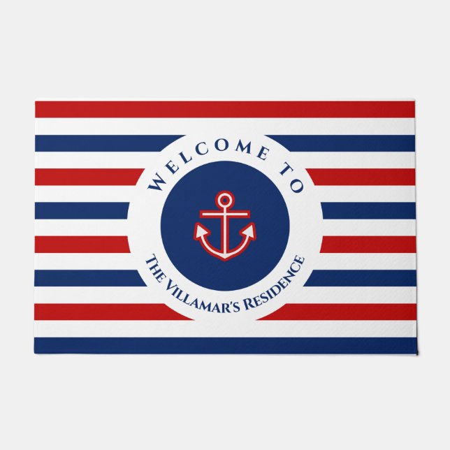 Nautical Marine Navy Blue Red White Stripes Doormat (Front)
