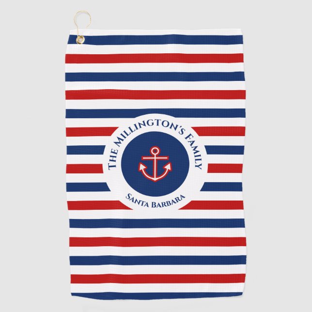 Nautical Marine Navy Blue Red White Stripes Golf Towel (Front)