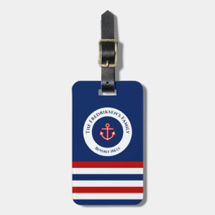 Nautical Marine Navy Blue Red White Stripes Luggage Tag