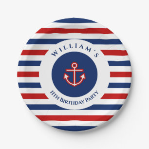 Nautical Marine Navy Blue Red White Stripes Paper Plate